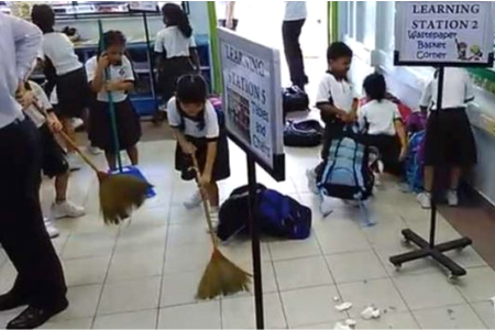 First graders clean and maintain their classrooms, South Korea